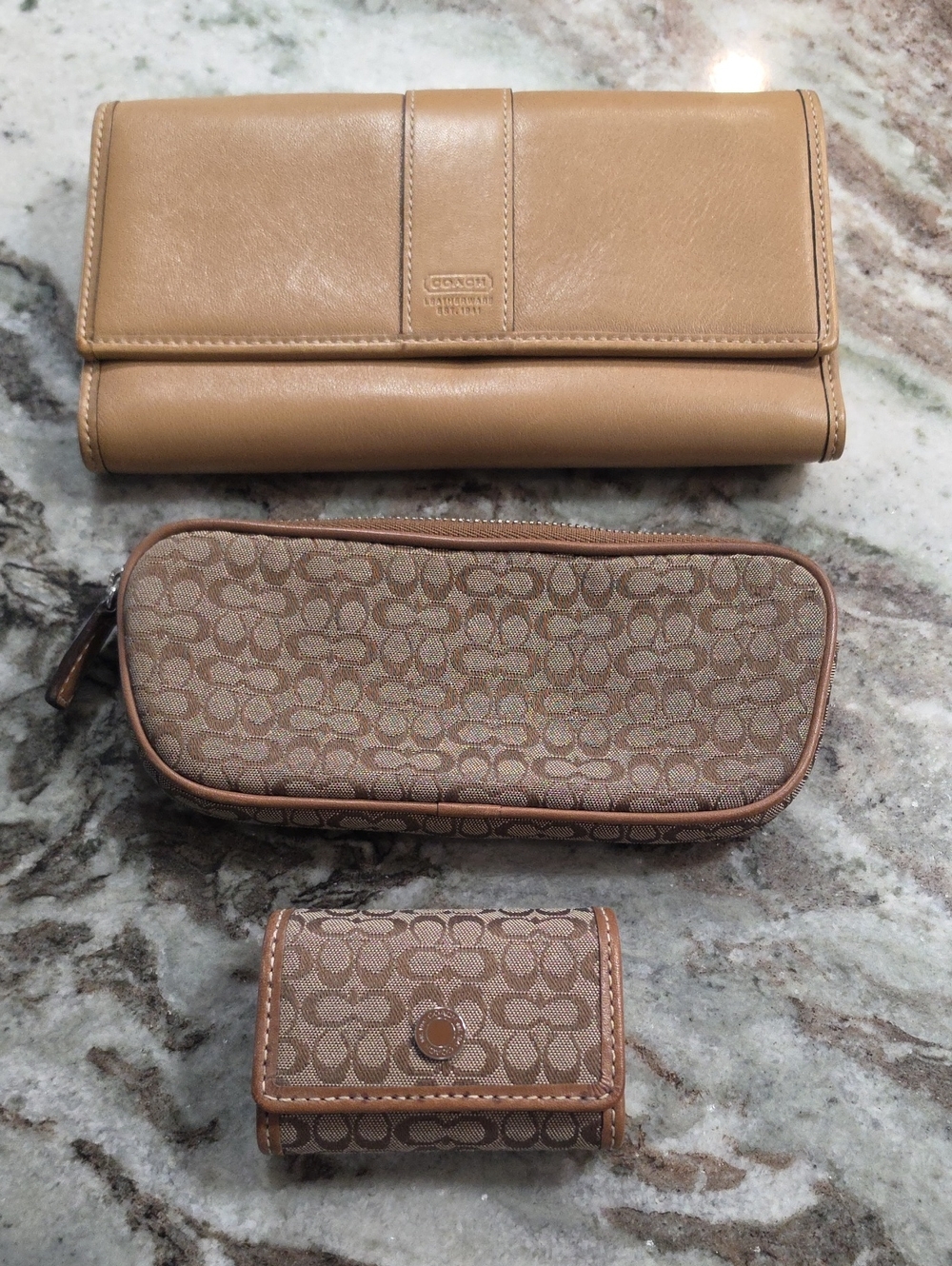 Coach Beige Leather Wallet & Signature Canvas Pouches Set